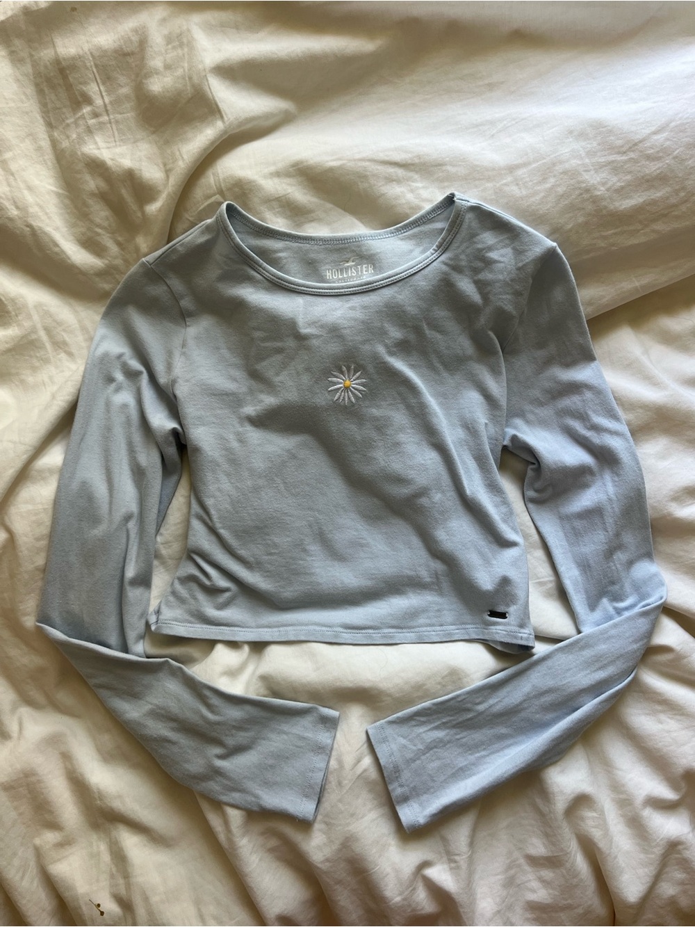 Hollister Pale Blue Long Sleeve Crop Top with Daisy Embroidery